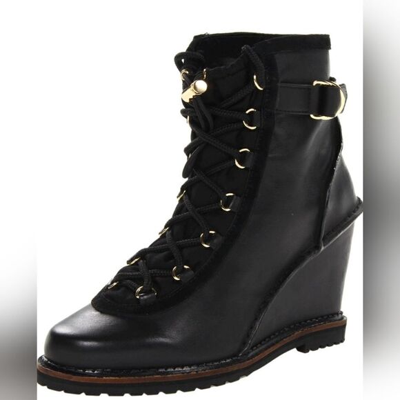 Diane von Furstenberg Senna Black Vacchetta Hidden Wedge Lace Up Booties | 10 - Picture 1 of 14